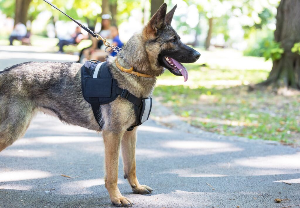 German shepherd service dog standing attentively in a green park, wearing a black harness and leash on a sunny day