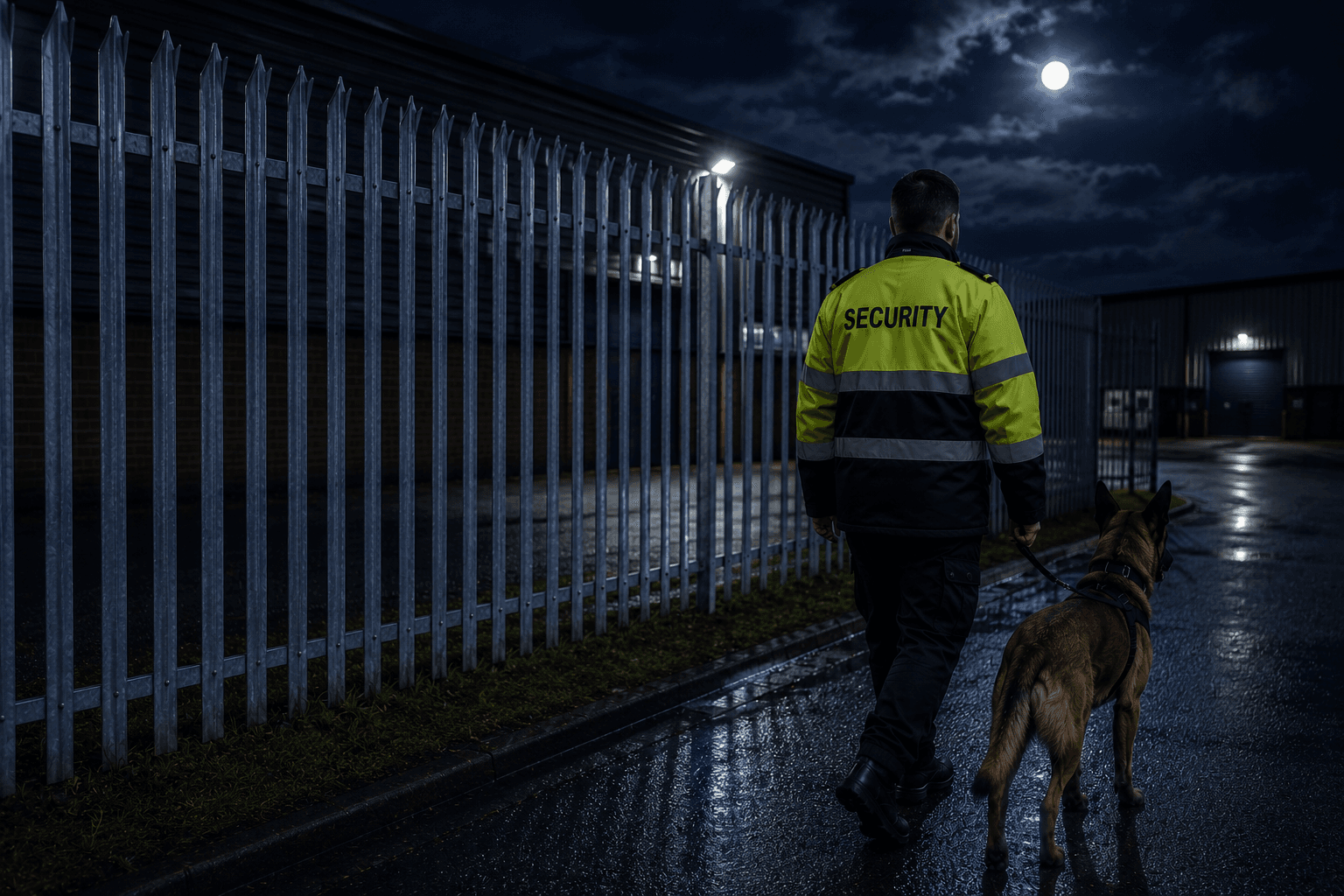Security guard with dog walking the perimeter fence of a logistics depot